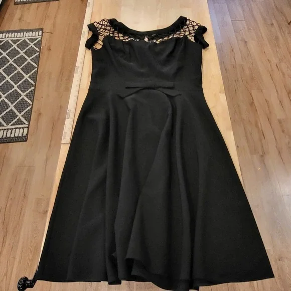 Black Fit & Flare Dress Mesh Shoulder Bow Detail - Picture 4 of 10